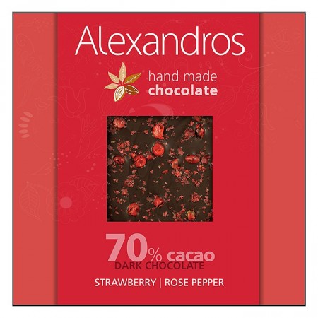 Håndlaget mørk sjokolade med Rose pepper og Jordbær | 90g